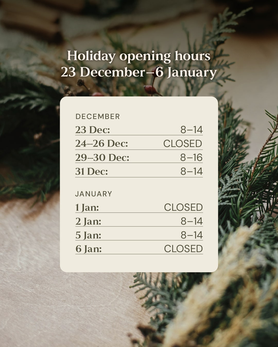 Holiday opening hours 23 December–6 January