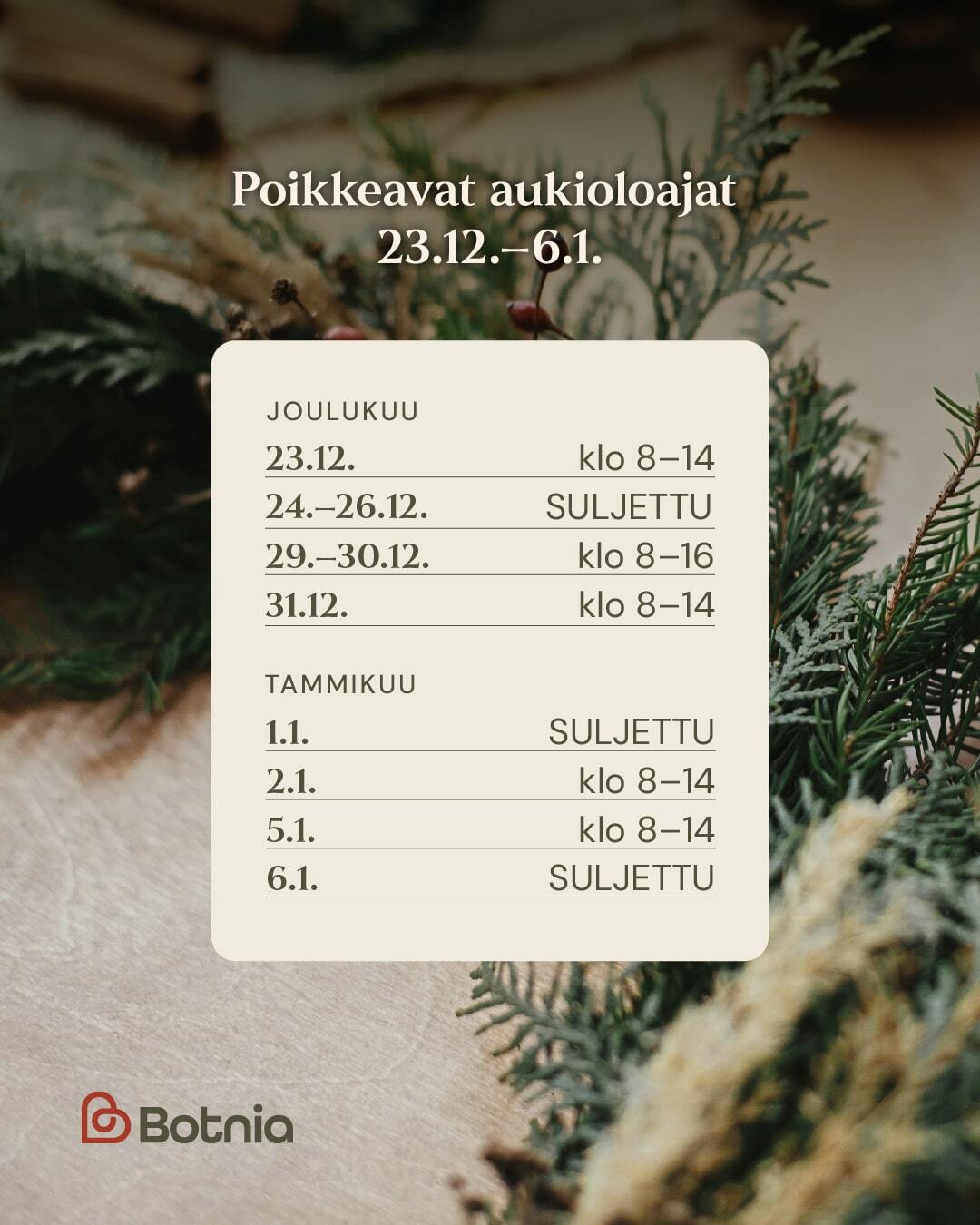 Poikkeavat aukioloajat 23.12.–6.1.